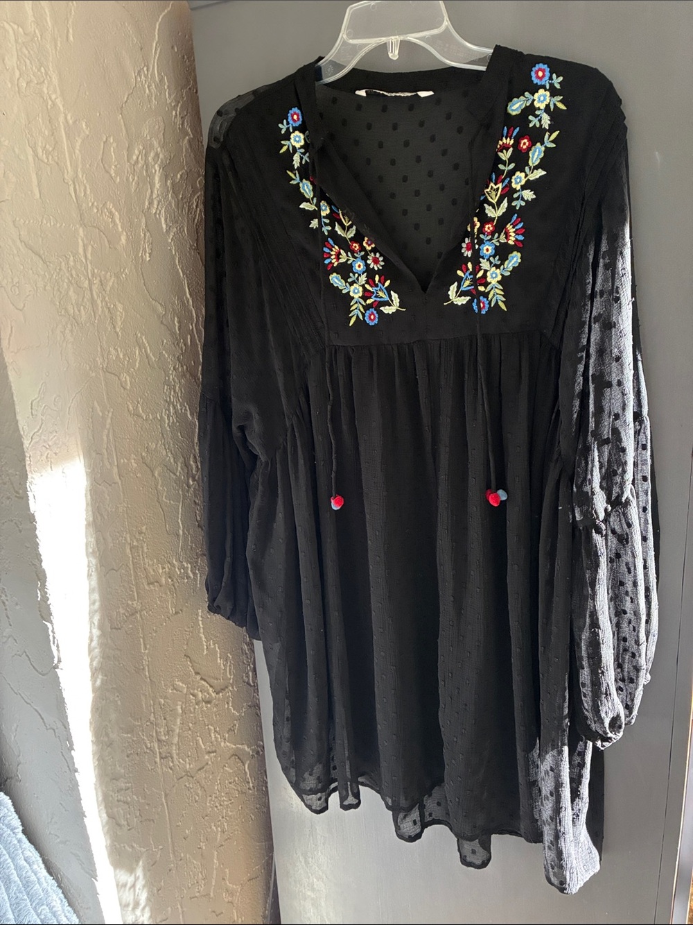 Zara sheer Embroidered Black Peasant dress